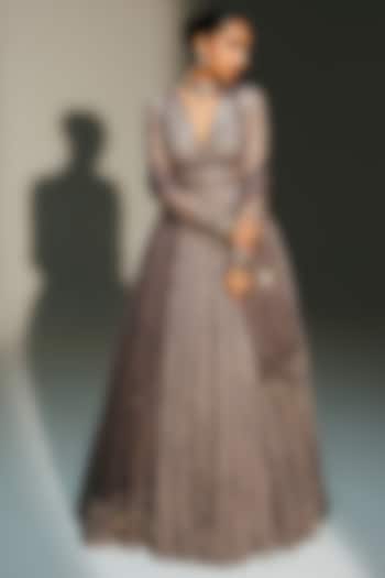 Platinum Banarasi Georgette Hand Embroidered Bridal Anarkali Set by Mahima Mahajan at Pernia's Pop Up Shop