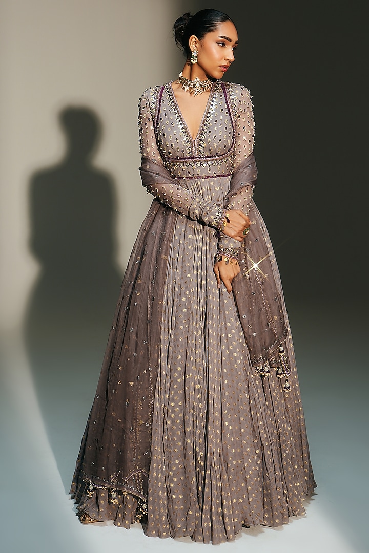 Platinum Banarasi Georgette Hand Embroidered Bridal Anarkali Set by Mahima Mahajan at Pernia's Pop Up Shop