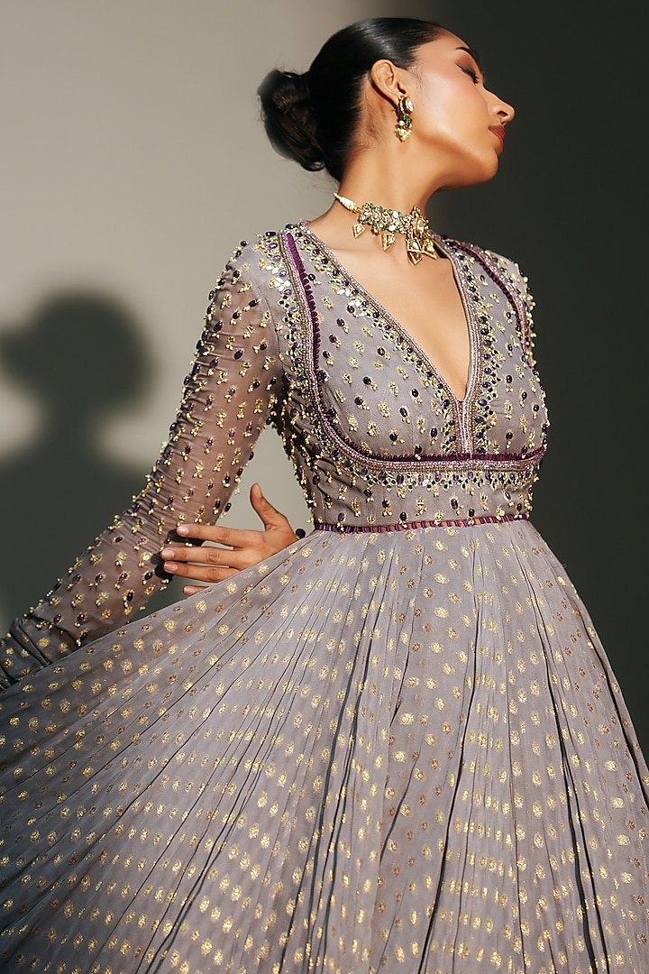 Platinum Banarasi Georgette Hand Embroidered Bridal Anarkali Set by Mahima Mahajan at Pernia's Pop Up Shop