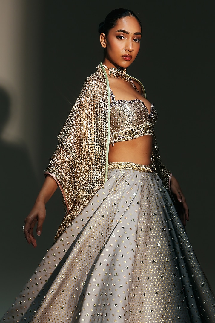 Platinum Banarasi Chanderi Hand Embroidered Bridal Lehenga Set by Mahima Mahajan at Pernia's Pop Up Shop