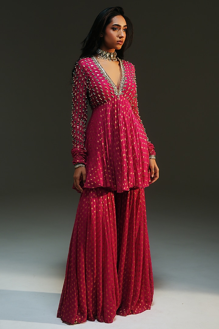 Rani Pink Banarasi Georgette Hand Embroidered Wedding Sharara Set by Mahima Mahajan at Pernia's Pop Up Shop