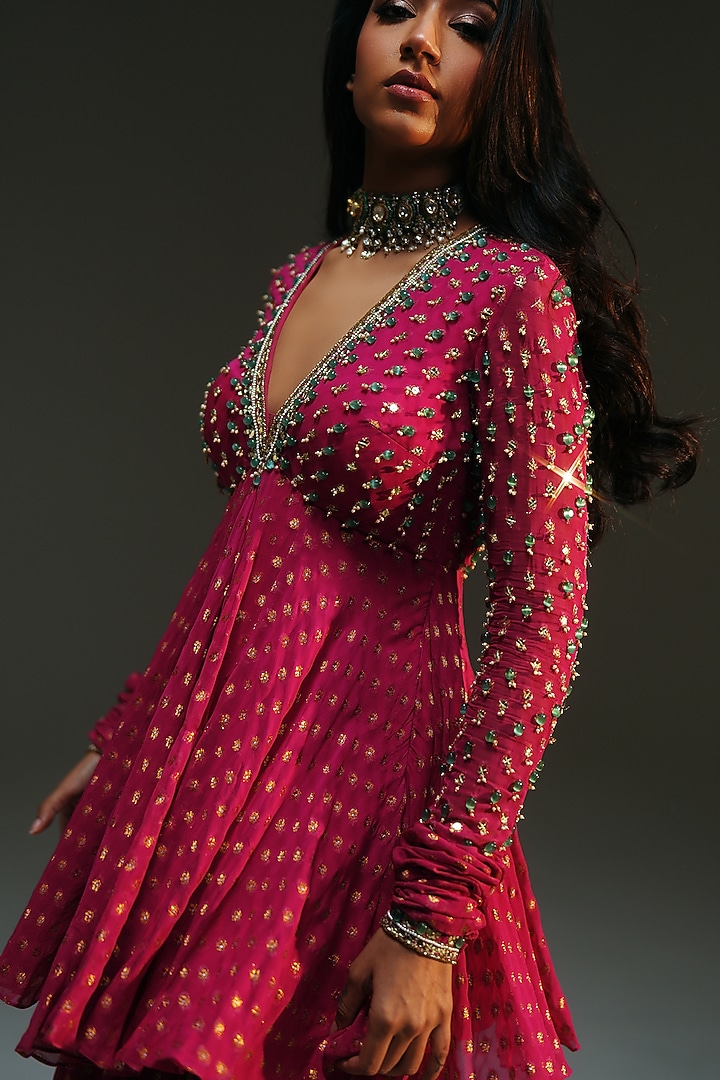 Rani Pink Banarasi Georgette Hand Embroidered Wedding Sharara Set by Mahima Mahajan at Pernia's Pop Up Shop
