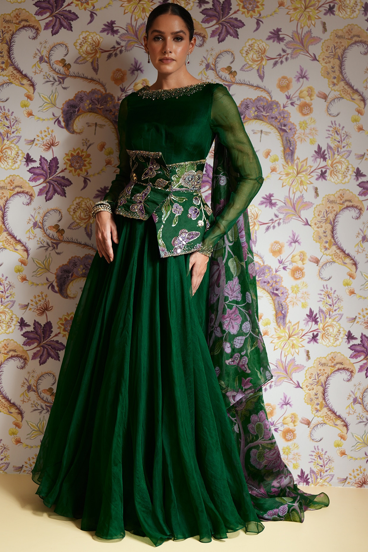 Mahima Mahajan Green Silk Organza Hand Embroidered Anarkali With Belt