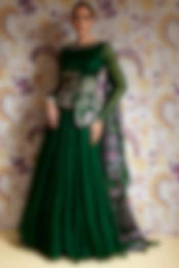 Green Silk Organza Hand Embroidered Bridal Anarkali With Belt by Mahima Mahajan at Pernia's Pop Up Shop