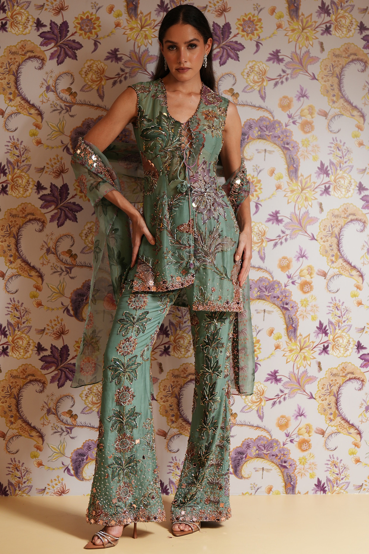 Mahima Mahajan Green Silk Organza Printed Short Kurta Set