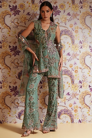 Green Silk Organza Printed Short Kurta Set by Mahima Mahajan