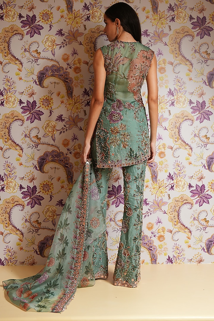 Green Silk Organza Printed Short Kurta Set by Mahima Mahajan at Pernia's Pop Up Shop