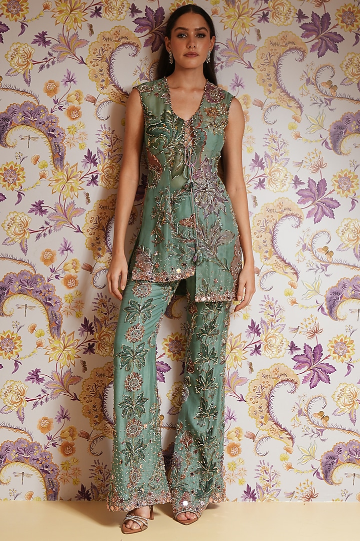 Green Silk Organza Printed Short Kurta Set by Mahima Mahajan at Pernia's Pop Up Shop