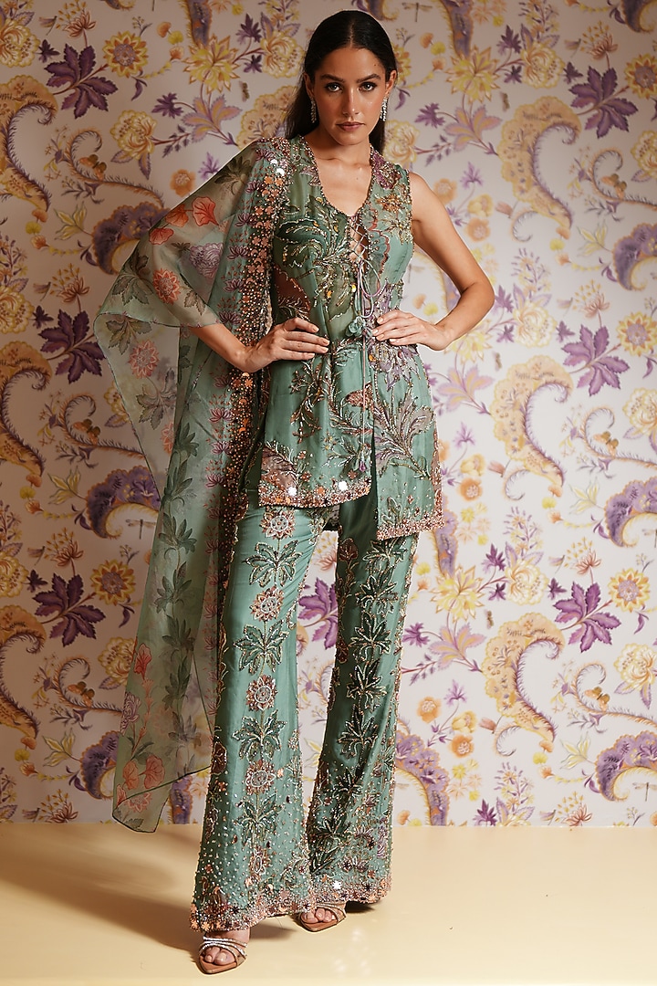 Green Silk Organza Printed Short Kurta Set by Mahima Mahajan at Pernia's Pop Up Shop