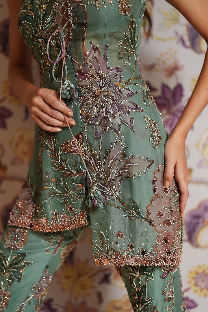 Green Silk Organza Printed Short Kurta Set by Mahima Mahajan at Pernia's Pop Up Shop