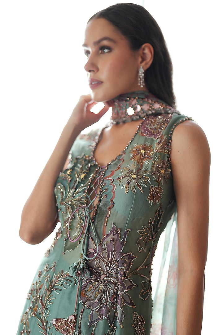 Green Silk Organza Printed Short Kurta Set by Mahima Mahajan at Pernia's Pop Up Shop