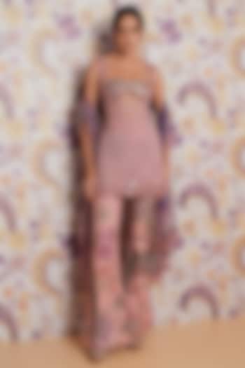 Steel Lilac Silk Organza Hand Embroidered Short Tunic Set by Mahima Mahajan at Pernia's Pop Up Shop