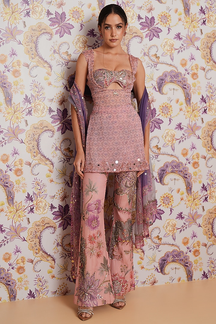 Steel Lilac Silk Organza Hand Embroidered Short Tunic Set by Mahima Mahajan at Pernia's Pop Up Shop