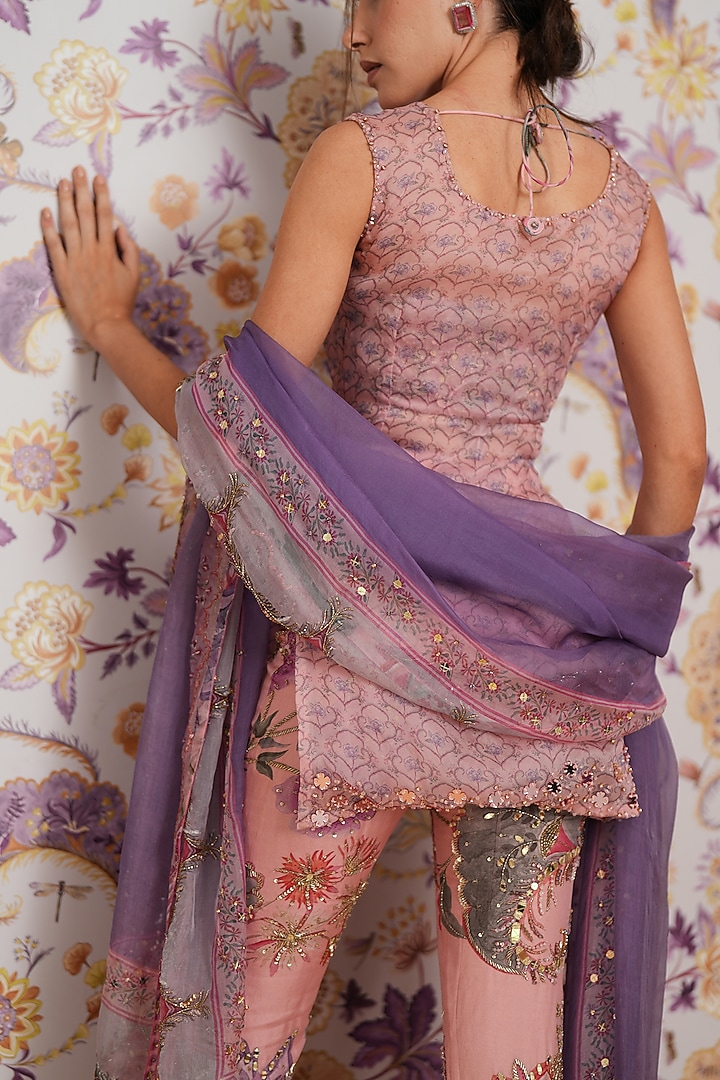 Steel Lilac Silk Organza Hand Embroidered Short Tunic Set by Mahima Mahajan at Pernia's Pop Up Shop