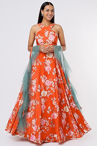 Bright Red Printed Lehenga Set by Magic Mirror