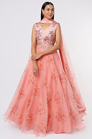 Rose Pink Printed Lehenga Set by Magic Mirror