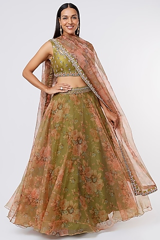 Olive Green Printed Lehenga Set by Magic Mirror