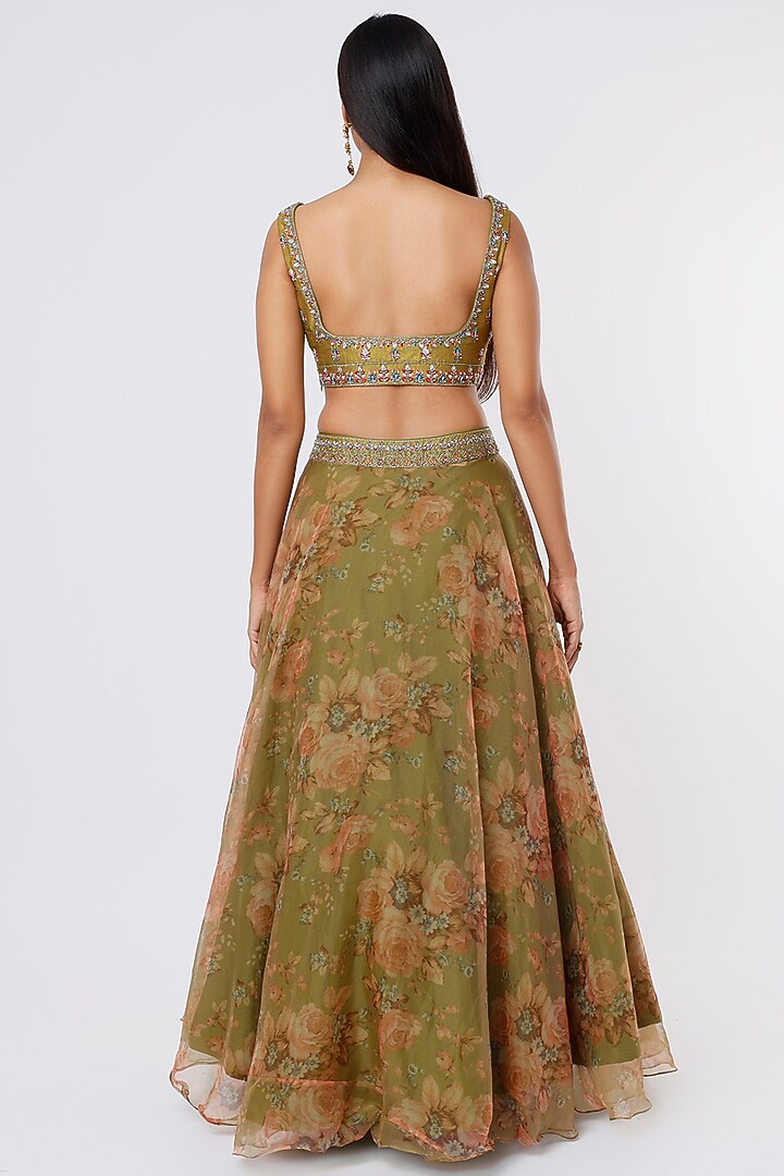 Olive Green Printed Lehenga Set by Magic Mirror at Pernia's Pop Up Shop
