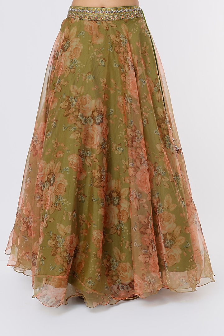 Olive Green Printed Lehenga Set by Magic Mirror at Pernia's Pop Up Shop