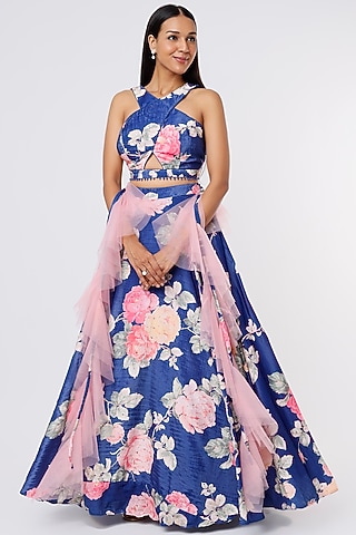 Royal Blue Printed Lehenga Set by Magic Mirror