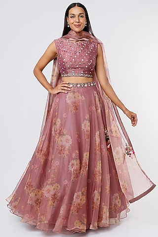 Lavender Printed Lehenga Set by Magic Mirror