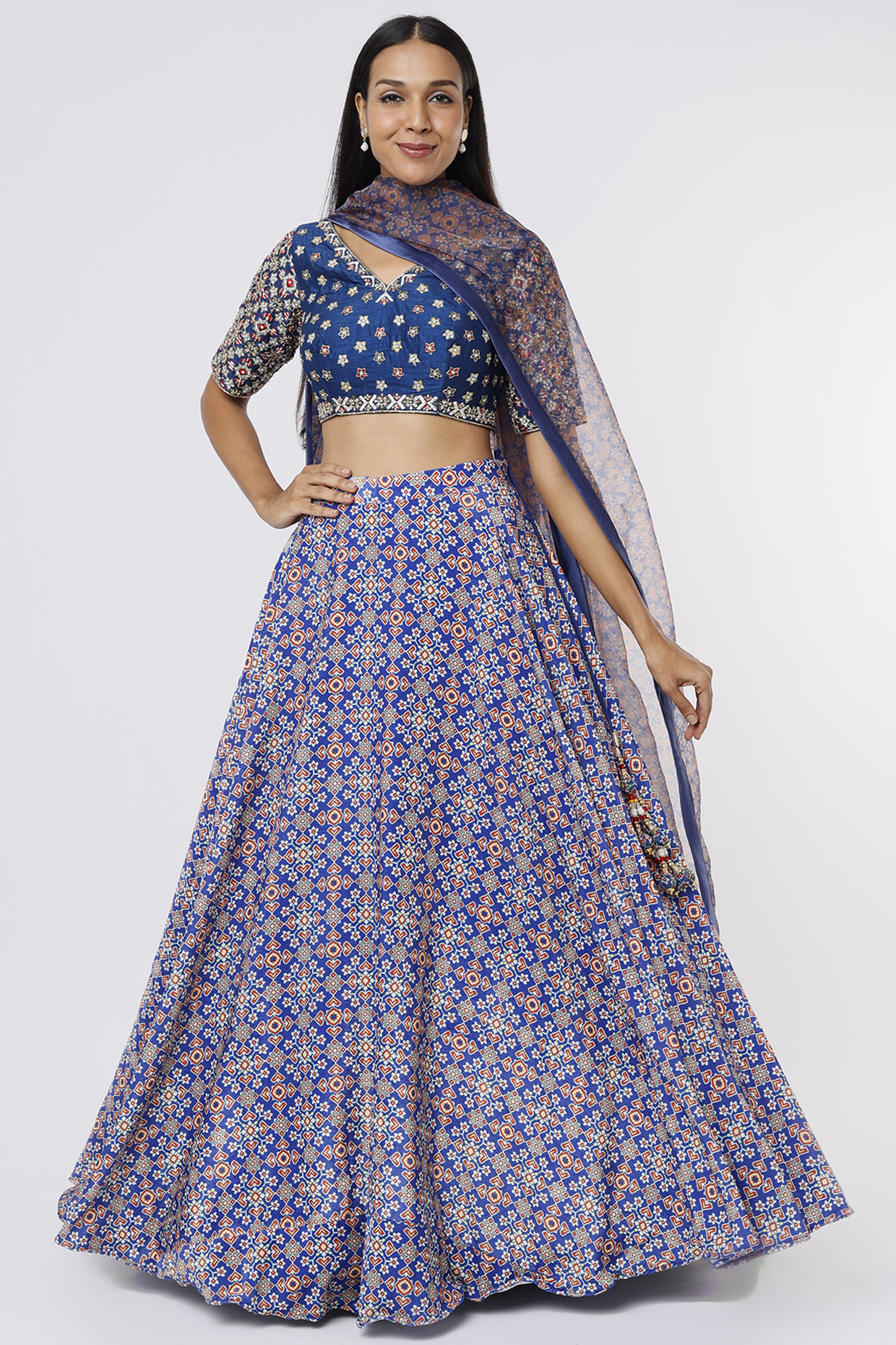 Royal Blue Patola Printed Lehenga Set by Magic Mirror