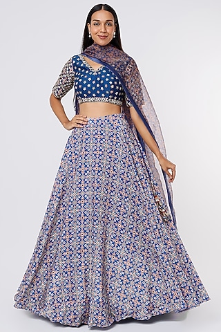 Royal Blue Patola Printed Lehenga Set by Magic Mirror