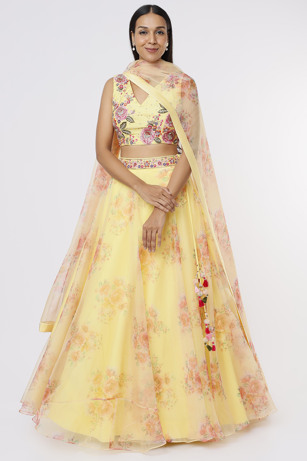 Lemon Yellow Floral Printed Lehenga Set by Magic Mirror at Pernia's Pop Up Shop