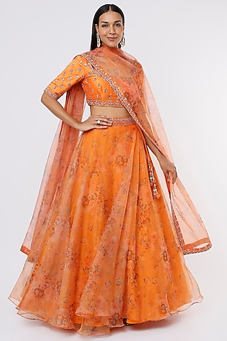 Orange Floral Printed Lehenga Set by Magic Mirror