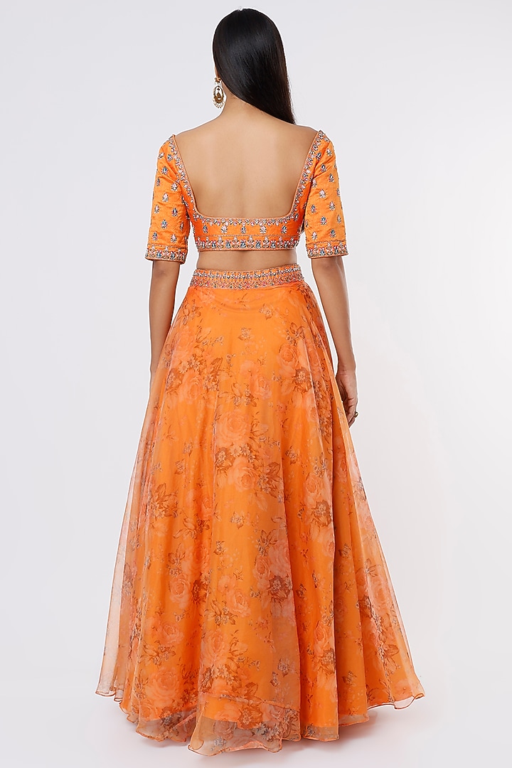 Orange Floral Printed Lehenga Set by Magic Mirror at Pernia's Pop Up Shop