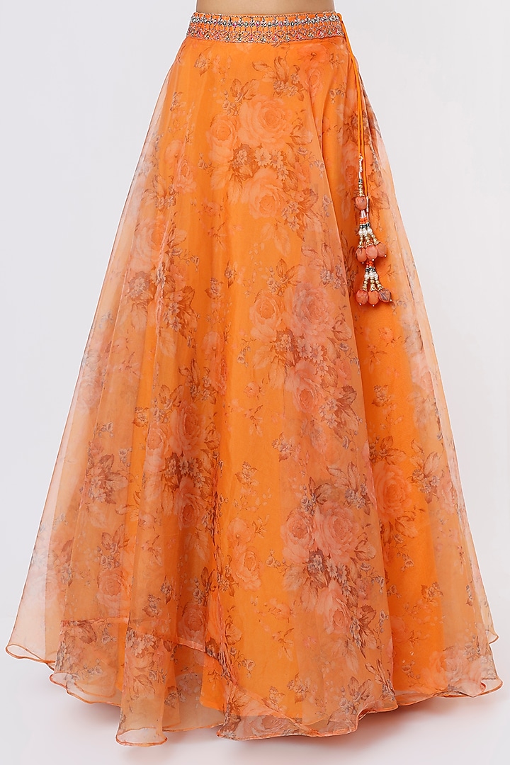 Orange Floral Printed Lehenga Set by Magic Mirror at Pernia's Pop Up Shop