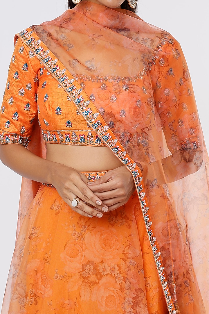Orange Floral Printed Lehenga Set by Magic Mirror at Pernia's Pop Up Shop