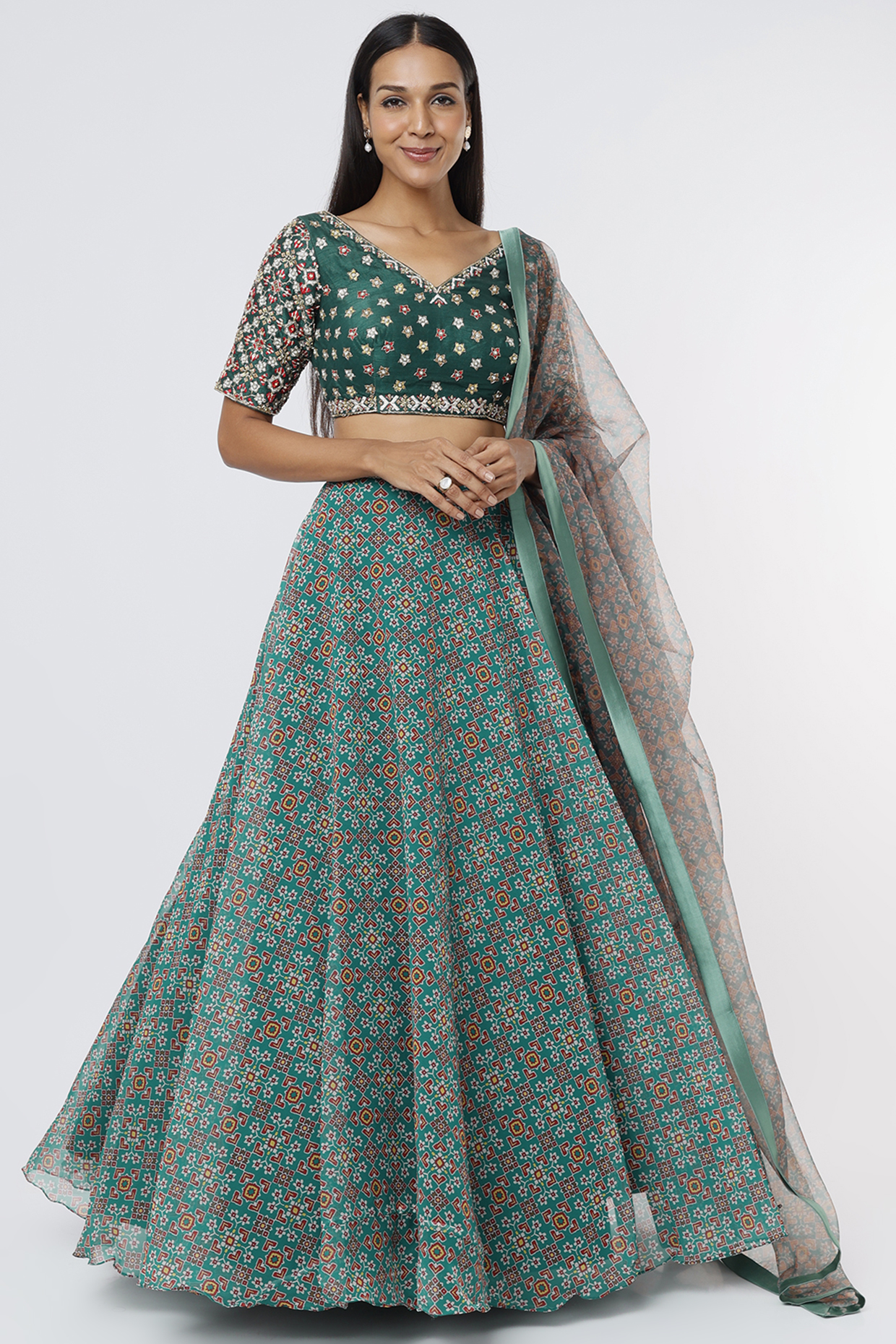 Pine Green Printed Lehenga Set by Magic Mirror