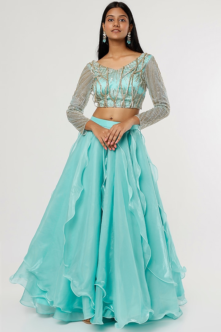 Aqua Blue French Organza Wedding Lehenga Set by Magic Mirror at Pernia's Pop Up Shop