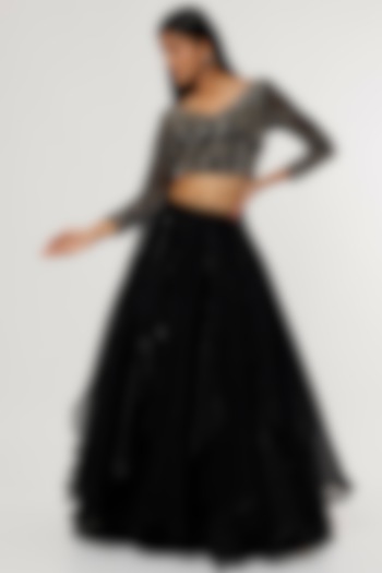 Black French Organza Wedding Lehenga Set by Magic Mirror at Pernia's Pop Up Shop