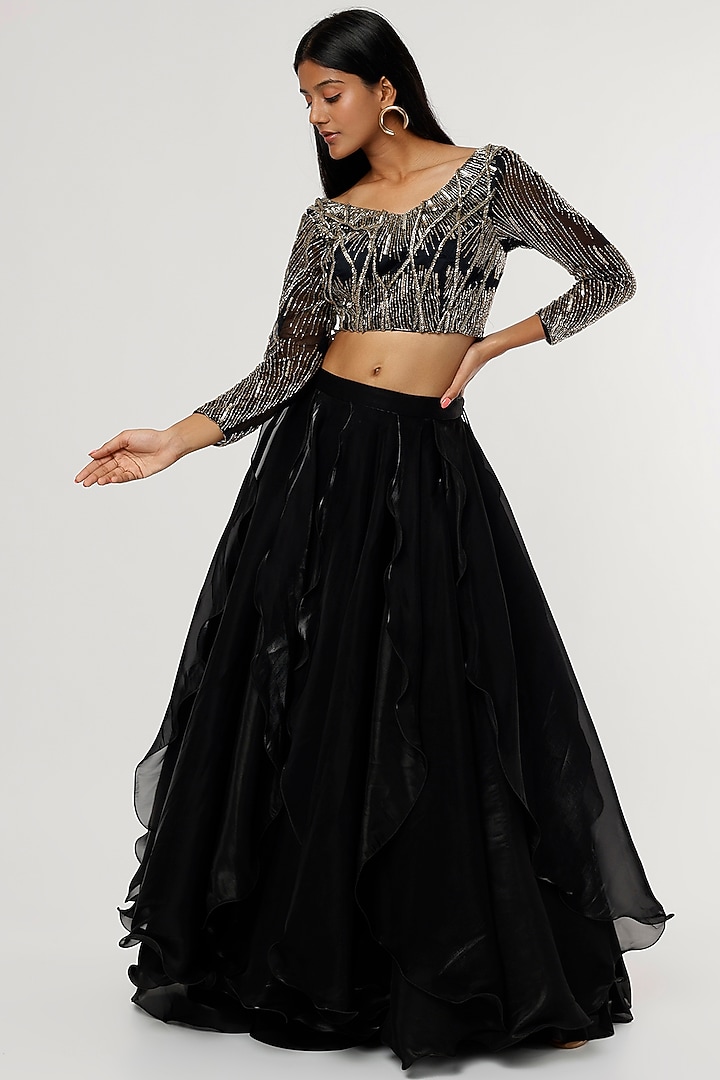 Black French Organza Wedding Lehenga Set by Magic Mirror at Pernia's Pop Up Shop