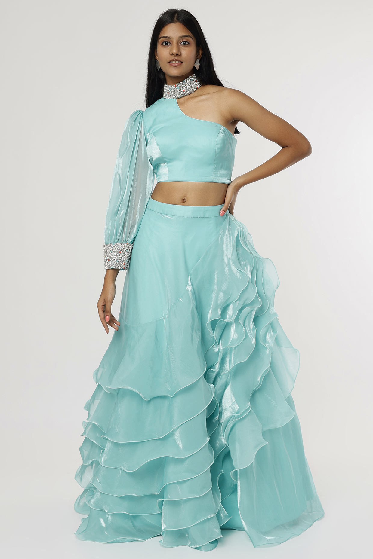 Aqua Blue French Organza Satin Lehenga Set by Magic Mirror at Pernia's Pop Up Shop