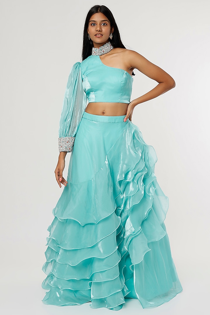 Aqua Blue French Organza Satin Lehenga Set by Magic Mirror at Pernia's Pop Up Shop