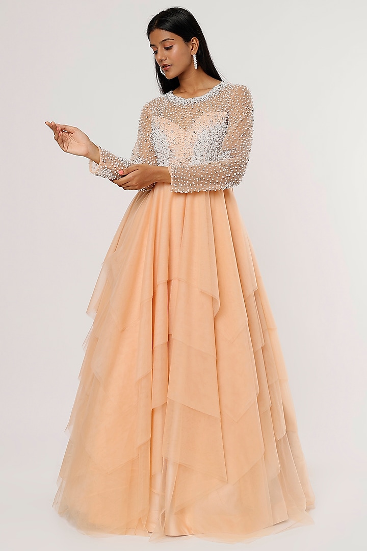 Peach Embroidered Gown by Magic Mirror