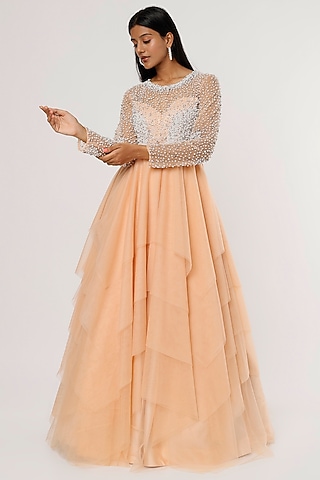 Peach Embroidered Gown by Magic Mirror