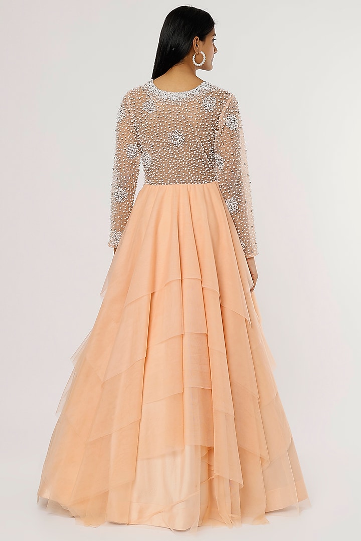 Peach Embroidered Party Wear Gown by Magic Mirror at Pernia's Pop Up Shop