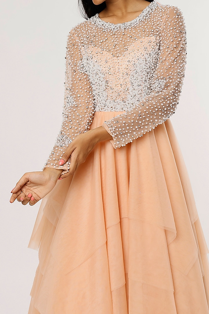 Peach Embroidered Party Wear Gown by Magic Mirror at Pernia's Pop Up Shop