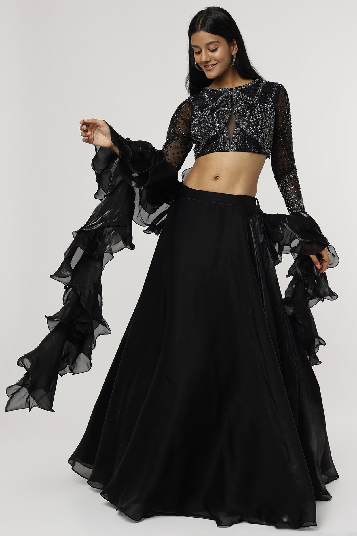 Black Organza Lehenga Set by Magic Mirror