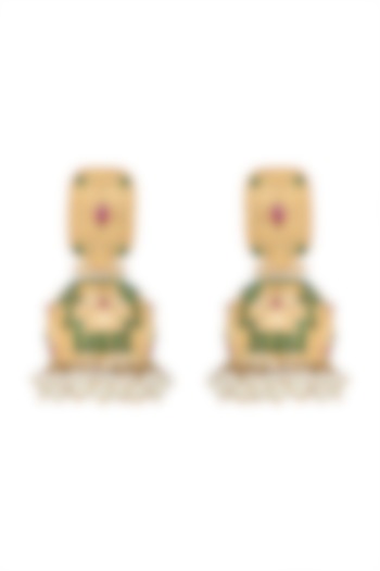 Gold Finish Green Stone Jhumka Earrings by Moh-Maya by Disha Khatri