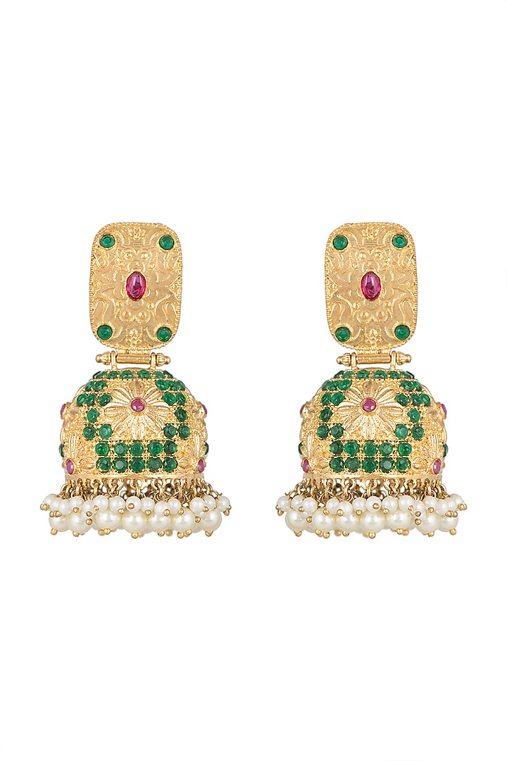 Gold Finish Green Stone Jhumka Earrings by Moh-Maya by Disha Khatri
