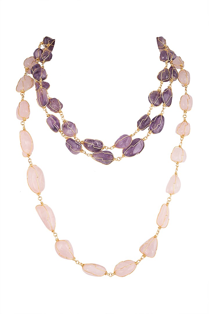 Gold Finish Purple & Blush Pink Stone Mala Necklace by Moh-Maya by Disha Khatri at Pernia's Pop Up Shop