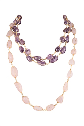Gold Finish Purple & Blush Pink Stone Mala Necklace by Moh-Maya by Disha Khatri