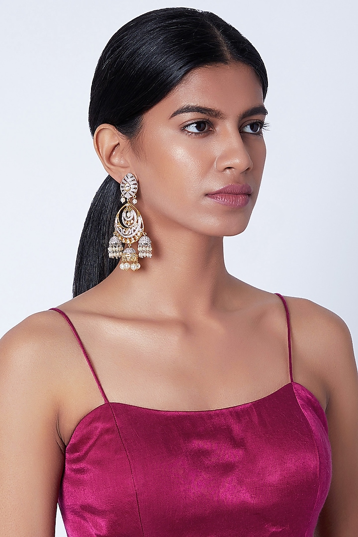 Gold Plated Faux Diamond Chandbali Earrings by Moh-Maya by Disha Khatri