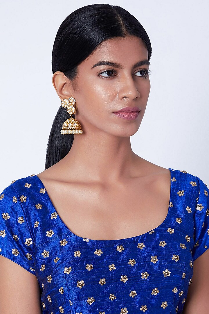 Gold Plated Kundan Jhumka Earrings by Moh-Maya by Disha Khatri