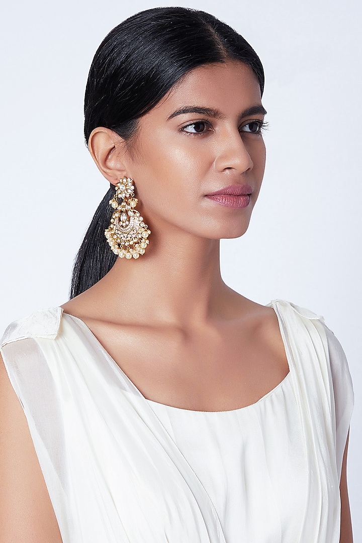 Gold Plated Meenakari Pearl Chandbali Earrings by Moh-Maya by Disha Khatri